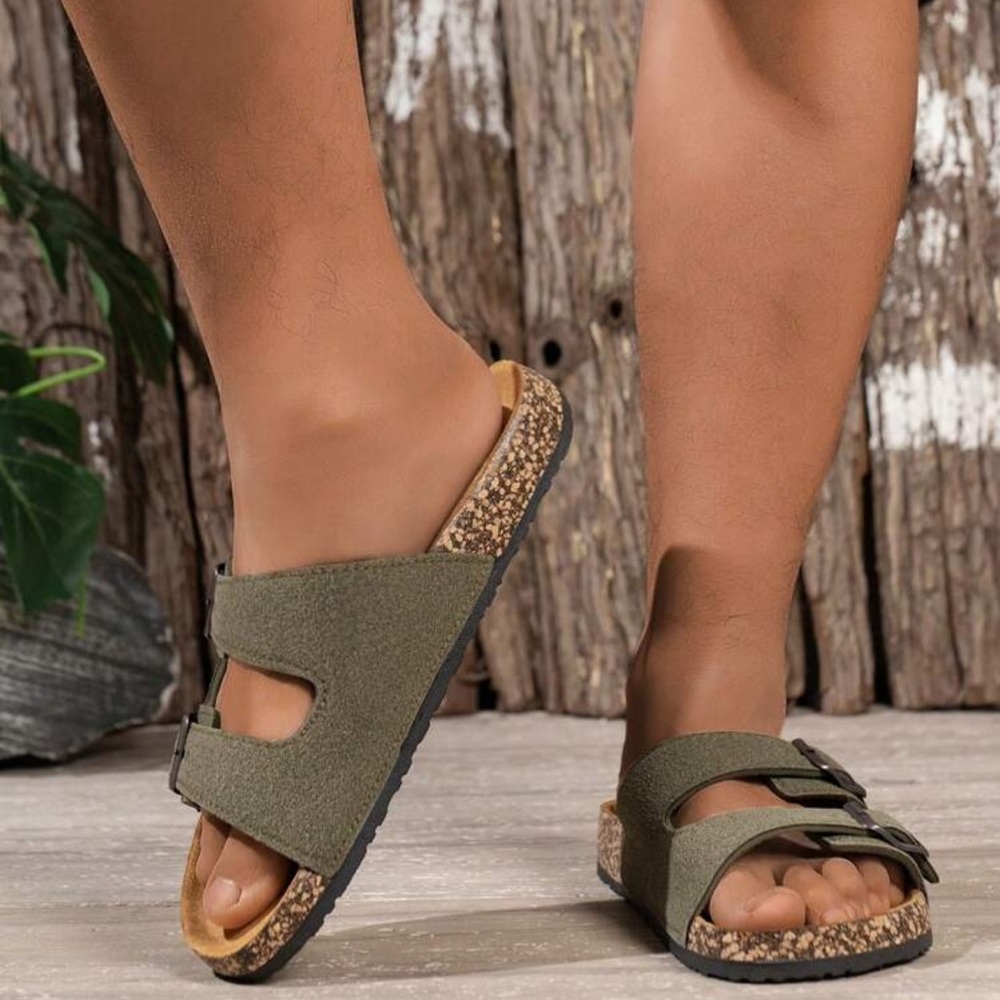 Manfinity Casual Suede Upper Cork Texture Adjustable Hook/Loop Slip-On Slippers